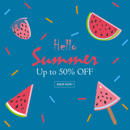 Summer Vector Illustration. Summer Sale Card. Up to 50% Off. Watermelon, ice cream, strawberry with rainbow sprinkles. Summer Sale.のイラスト素材