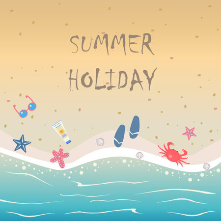 Summer Vector Illustration. Seashore from top view. Background template. For cards, postcards, posters, banners.Crab, seashells, sunscreen,sunglasses, flip flops, starfish.のイラスト素材