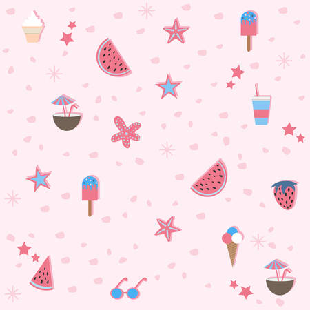 Summer Seamless Pattern. Stylized Summer Elements with shadows. Vector Illustration. Drinks and Food. Summer Collection.のイラスト素材