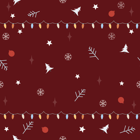 Seamless pattern with ornaments, garland, snowflakes, spruce branches and stars on a red background. Vector illustration.Winter Collectionのイラスト素材