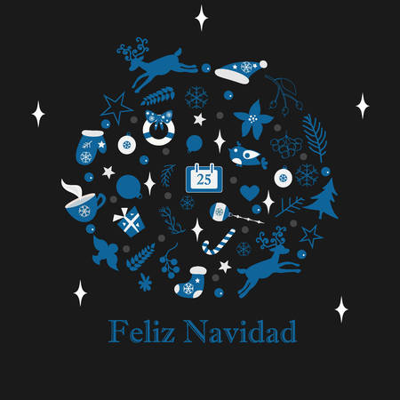 Spanish Text wishing Merry Christmas. Merry Christmas Round Ornament. Christmas, winter elements. Decoration for Winter Cards. Vintage ornament, poinsettia, present, snowflakes, berries, deer, hot coffee, wreath, socks, mittens.のイラスト素材