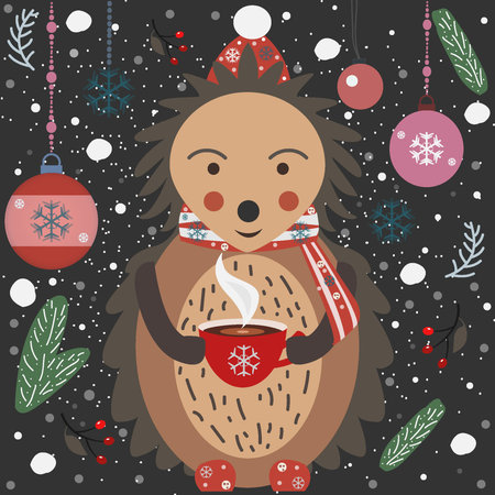 Merry Christmas Hedgehog with a cup of Coffee. Vector Illustrationのイラスト素材