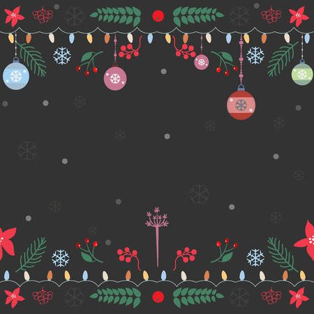 Seamless pattern with ornaments, garland, snowflakes, spruce branches and berries on a dark background. Vector illustration.Winter, Merry Christmas Collectionのイラスト素材