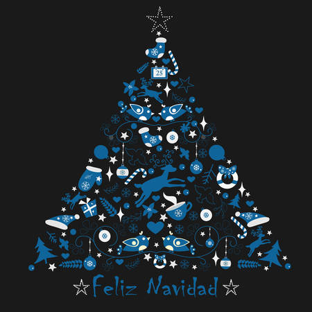 Merry Christmas Tree. Modern Color Design. Winter Card. Vector Illustration. Spanish language wihing Happy CHristmas in Spanish.のイラスト素材