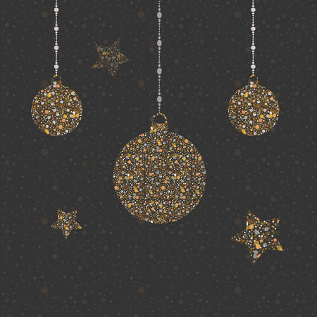 Three New Year Golden Ornaments with bubbles and stars. Merry Christmas Ornaments. Vector Illustrationのイラスト素材