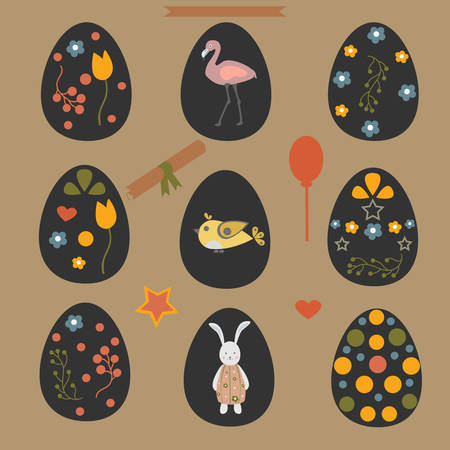 Collection Of Colorful Happy Easter Eggs with flowers, berries and animals. Retro Style. Colorful Design Vector Illustration.のイラスト素材