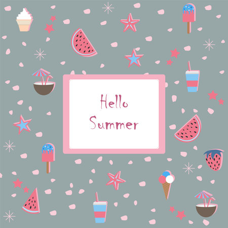 Summer Seamless Pattern. Stylized Summer Elements with shadows. Vector Illustration