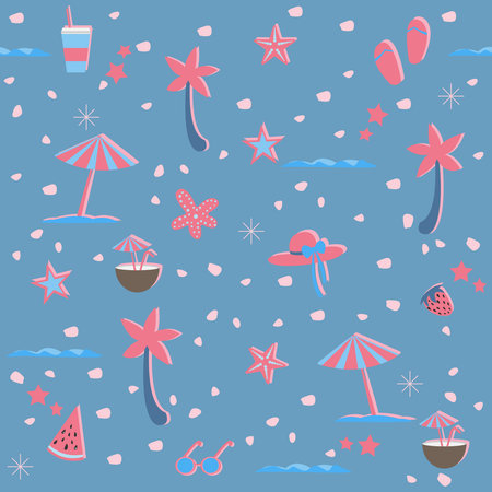 Summer Seamless Pattern. Stylized Summer Elements with shadows. Vector Illustration