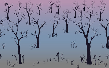 Trees. Winter Christmas landscape background with trees, snow, snowflakes. Hand Drawn Design. Vector...
