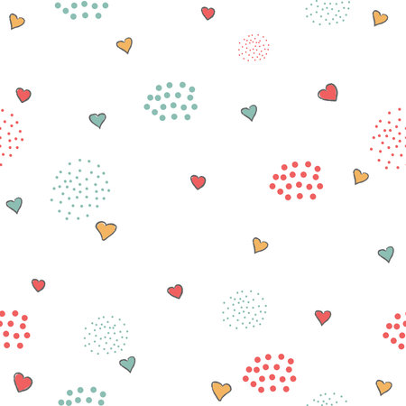 Cute Pattern with little hearts and dots on white background. Hand Drawn Design. Vector Illustration