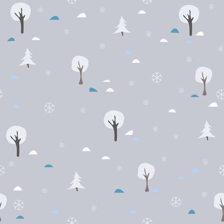 Winter Seamless Pattern with spruce, fir and trees. Dark Background with snowflakes and starsの写真素材