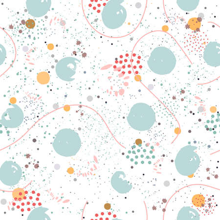 Seamless Pattern on grunge background with colorful dots, paint splashes, curves, circles, ink brush, etc. Hand Drawn Design. Great for wall art design, gift paper, wrapping, fabric, textile, etc.の写真素材