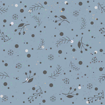 Cute Seamless Winter Pattern on blue background with tiny dots. Hand Drawn Design. Great for wall art design, gift paper, wrapping, fabric, textile, etc.の写真素材