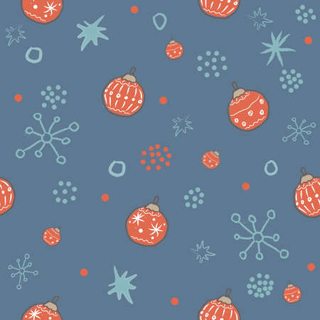 Winter Seamless Pattern with festive red ornaments and funky snowflakes. Hand Drawn Scandinavian Style. Vector Illustrationの写真素材