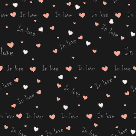 Cute seamless background with hearts and In love written words on black background. Saint Valentine's Day. Vector Illustrationの写真素材