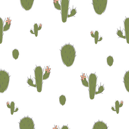Seamless pattern with cute green cacti on subtle yellow background. Small sized cactus. vector...