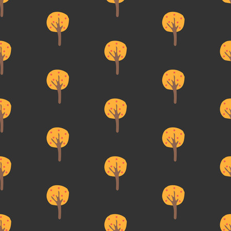 Seamless tree yellow autumn pattern on black background. Vector Illustration