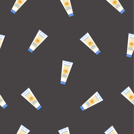 Seamless Pattern with sunscreen creams on black background.