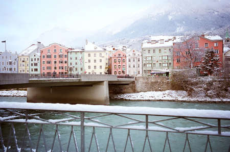 Colourful houses in winter at Innsbruck, Austriaの写真素材