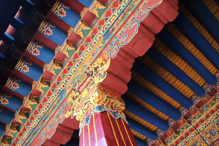 Architectural detail and colourful design inside Jokhang Temple in Lhasa, Tibet, Chinaのeditorial素材