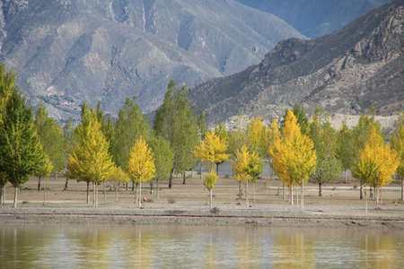 Yarlung Tsangpo River near Shigatse, Tibet, Chinaの写真素材