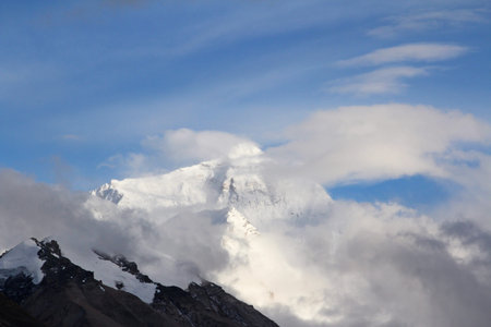 View of Mount Everest with the clouds from Everest Base Camp, Tibet.の写真素材