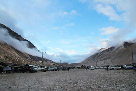 View of the Everest Base Camp in the morning with the Mount Everest and clouds, Tibet, Chinaのeditorial素材