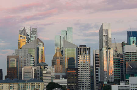 View of the Singapore financial district and skyscrapers from Chinatown in sunsetのeditorial素材