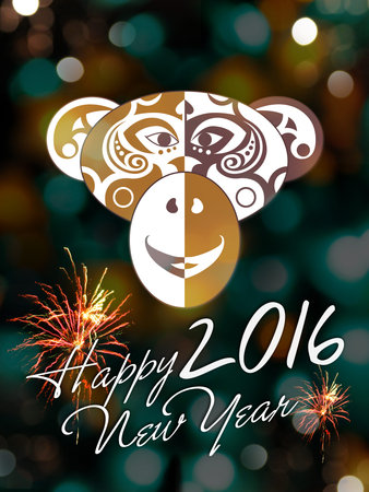 Year of the Monkey 2016 with monkey face and fireworks backgroundの写真素材