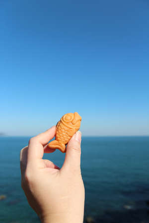Hand holding a mini fish-shaped waffle with custard filling with the sea background in sunny day, South Koreaの写真素材