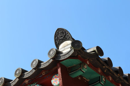 Traditional Korean ceramic roof tile with dragon image on Seokguram Grotto, Gyeong-ju, South Korea