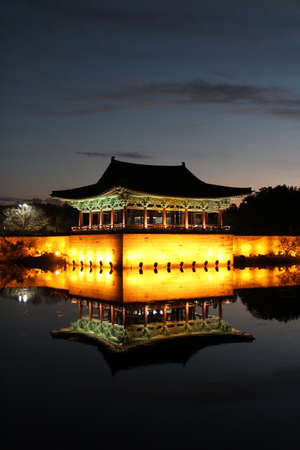 Night view of Donggung Palace and Wolji Pond with the light and reflection in Gyeongju, South Koreaのeditorial素材