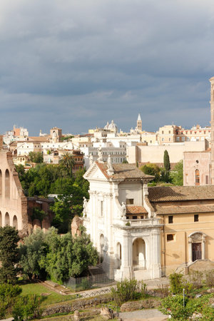 View of the Roman Forum during sunset in Rome, Italy