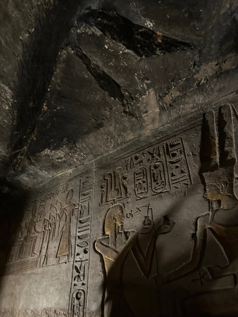 Bas-relief inscriptions on the wall at the small temple of Hathor and Nefertari, Egypt