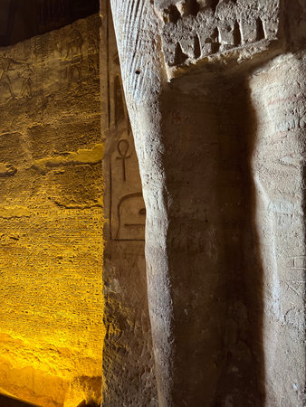 Bas-relief inscriptions on the wall at the Great Temple of Abu Simbel, Egypt