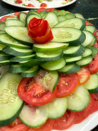 Sliced of tomato and cucumber on display on a Nile cruise, Egyptの写真素材