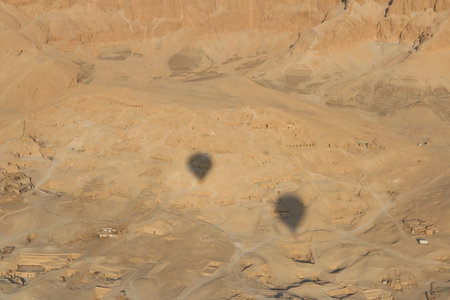 Landscape on West bank of Luxor with shadow hot air balloons, Egyptの写真素材