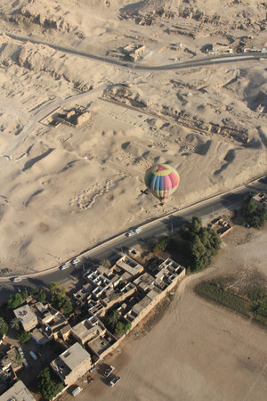 Landscape on East and West bank of Luxor with a hot air balloon, Egyptの写真素材