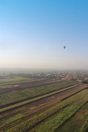 Aerial view of the crops on East bank with a hot air balloon in the morning, Egyptの写真素材