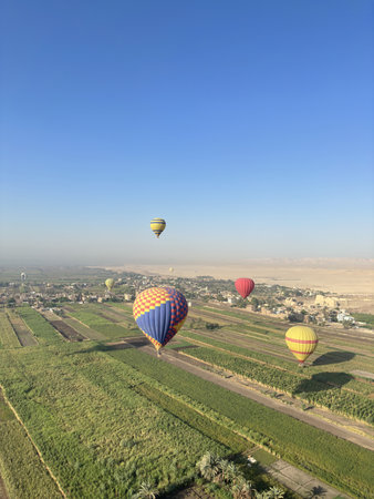 Landscape on East and West bank of Luxor with the hot air balloon, Egyptの写真素材