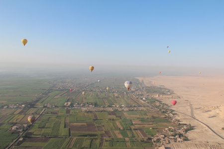 Landscape on East and West bank of Luxor with the hot air balloon, Egyptの写真素材