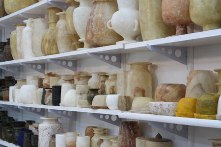 Egyptian alabaster vases and pots as souvenirs in Luxor, Egyptの写真素材