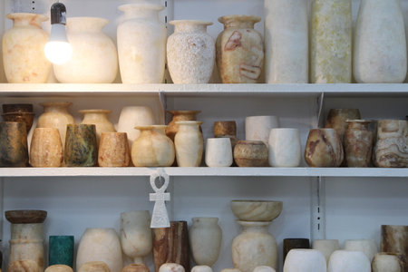 Egyptian alabaster vases and pots as souvenirs in Luxor, Egyptの写真素材