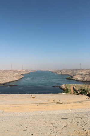 Scenery view of Aswan High Dam in sunny day, Egyptの写真素材
