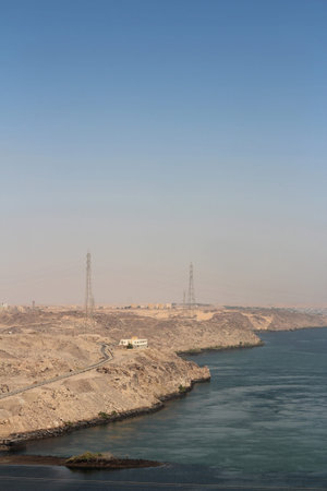 Scenery view of Aswan High Dam in sunny day, Egypt