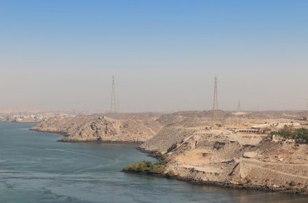 Scenery view of Aswan High Dam in sunny day, Egyptの写真素材