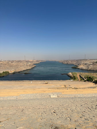 Scenery view of Aswan High Dam in sunny day, Egypt