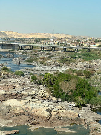 Scenery view of Aswan High Dam in sunny day, Egyptの写真素材