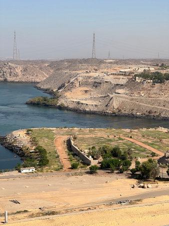 Scenery view of Aswan High Dam in sunny day, Egypt