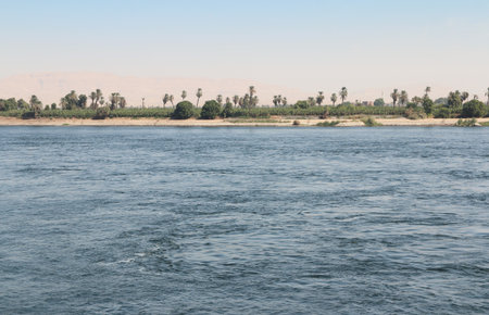 River landscape of the Nile near Esna city in a sunny morning, Egyptの写真素材